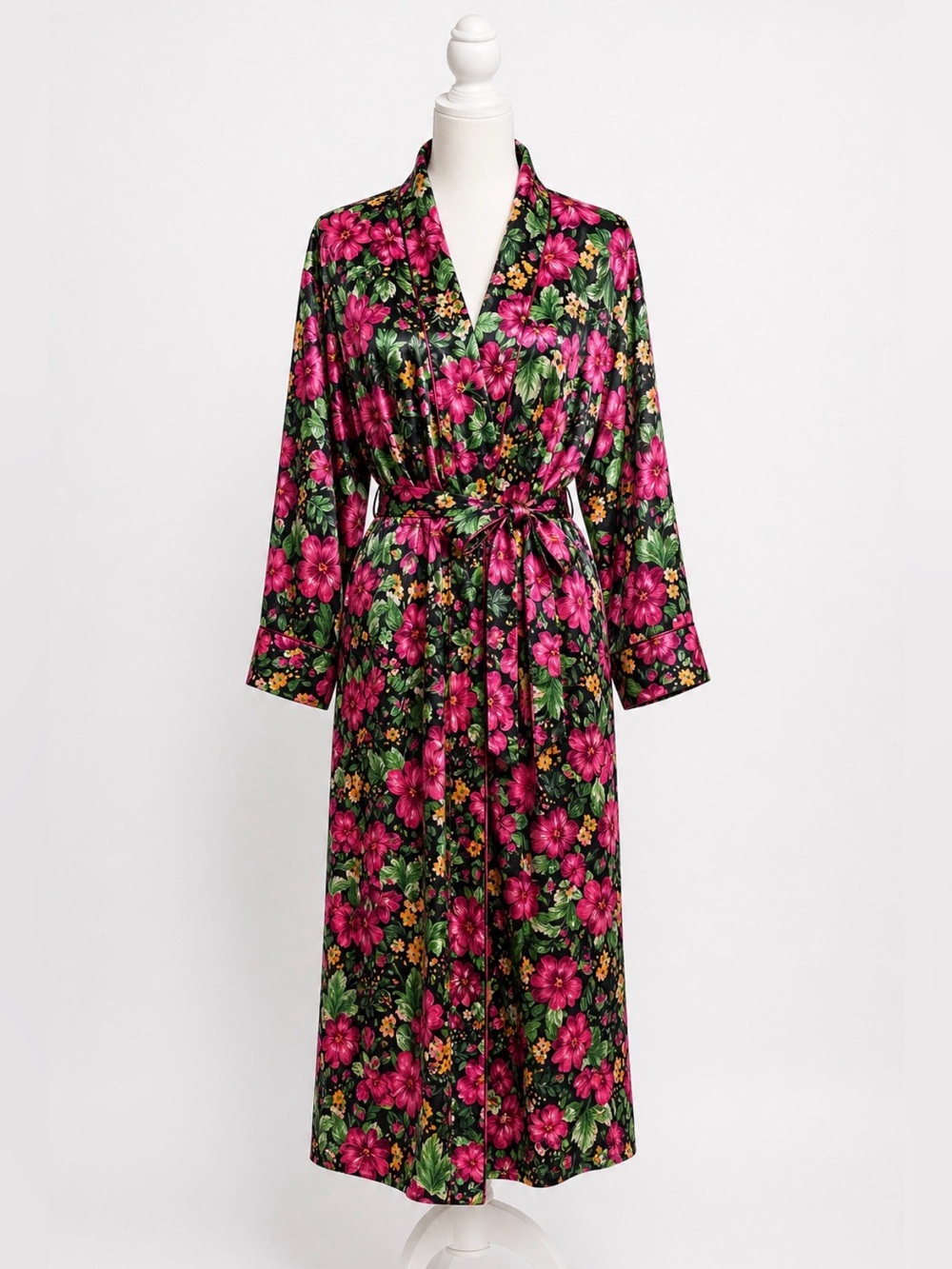 Victoria’s Secret Floral Satin Robe Belted Kimono Lounge M/L Pink Black